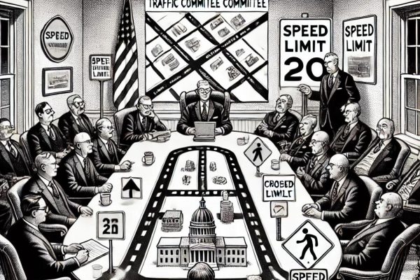 A humorous black and white stipple illustration of the Farmington Traffic Committee meeting on August 21, 2024, at 1:00 p.m., featuring officials discussing speed limits and crosswalks.