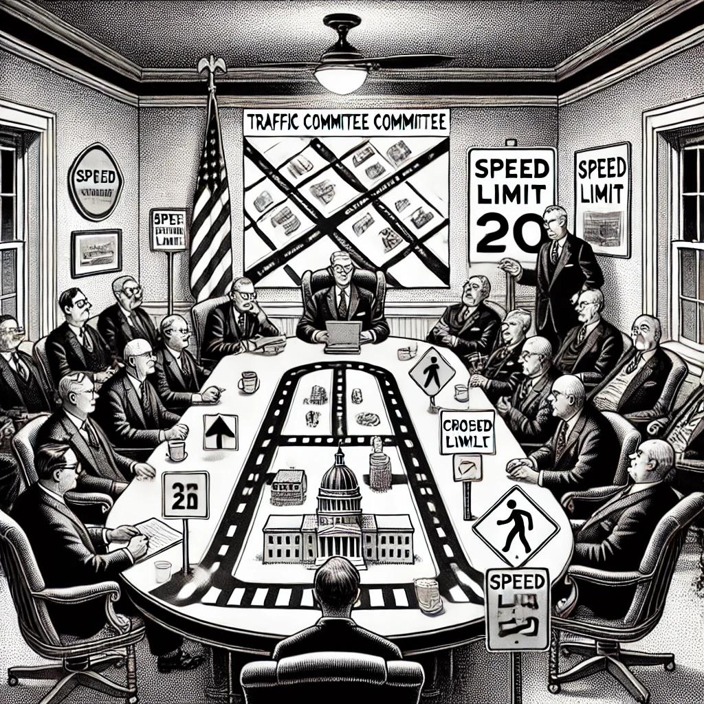 A humorous black and white stipple illustration of the Farmington Traffic Committee meeting on August 21, 2024, at 1:00 p.m., featuring officials discussing speed limits and crosswalks.