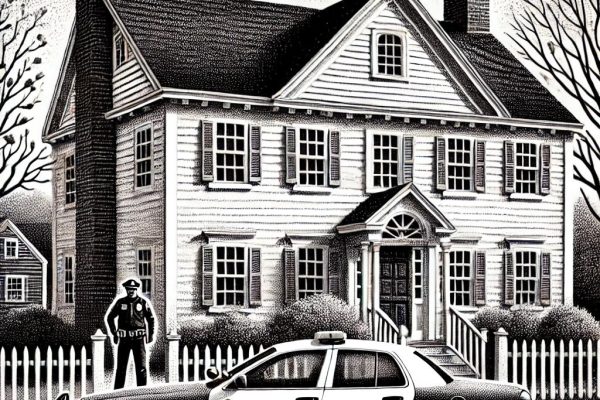 Stipple illustration of a colonial house in Farmington, CT, with a police car and officer, symbolizing recent small-town arrests.