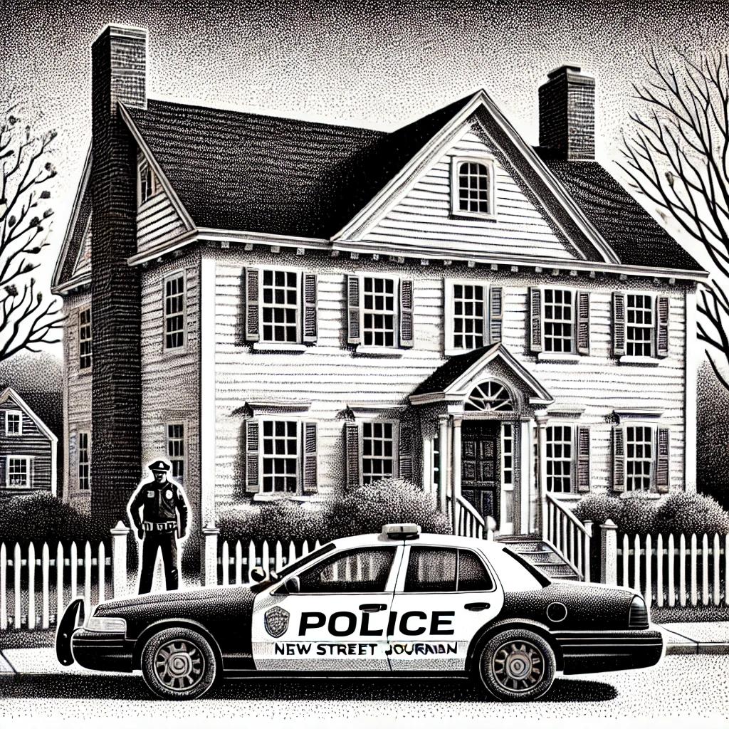 Stipple illustration of a colonial house in Farmington, CT, with a police car and officer, symbolizing recent small-town arrests.