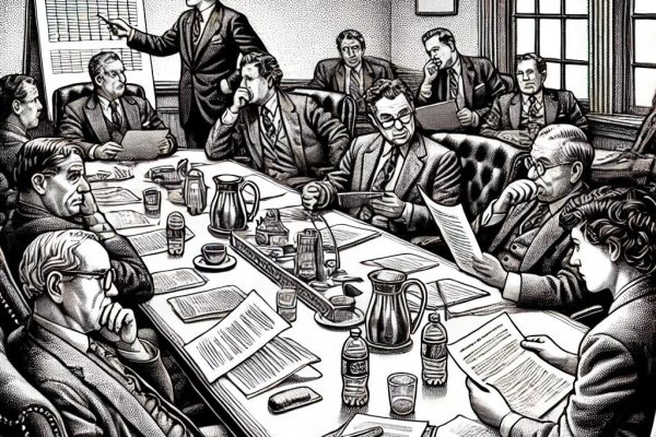 Stipple illustration of Farmington's Green Efforts Committee meeting with puzzled members discussing documents and charts in a government meeting room.