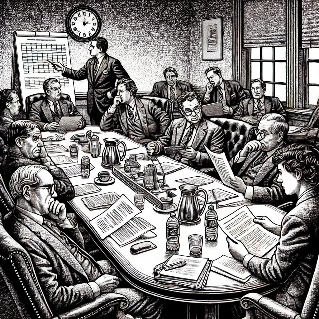 Stipple illustration of Farmington's Green Efforts Committee meeting with puzzled members discussing documents and charts in a government meeting room.