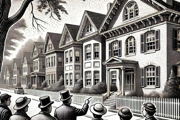 A black and white stipple illustration depicting a historic walking tour in Unionville, CT. The scene shows a group of people walking past historical buildings with Greek Revival and Queen Anne architectural styles. Trees line the street, and a guide points out features of the buildings to the attentive group.