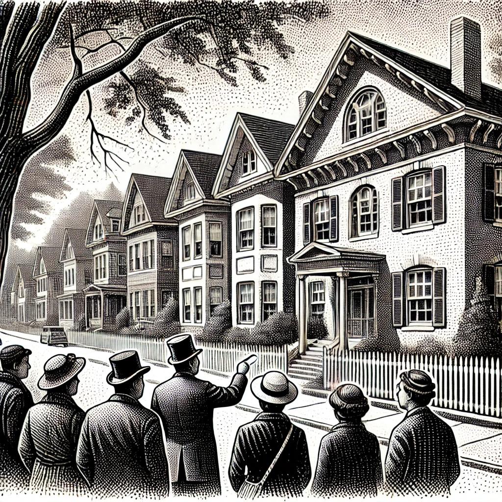 A black and white stipple illustration depicting a historic walking tour in Unionville, CT. The scene shows a group of people walking past historical buildings with Greek Revival and Queen Anne architectural styles. Trees line the street, and a guide points out features of the buildings to the attentive group.