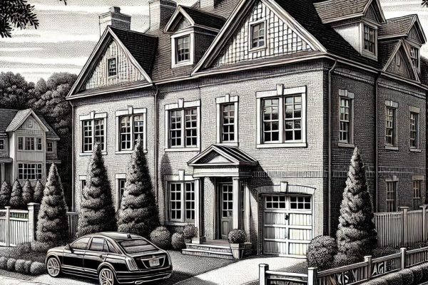 Black and white stipple illustration of a luxury townhouse at 127 Tunxis Village UNIT 127, Farmington, CT, with a brick facade, attached garage, private patio, and surrounding trees.