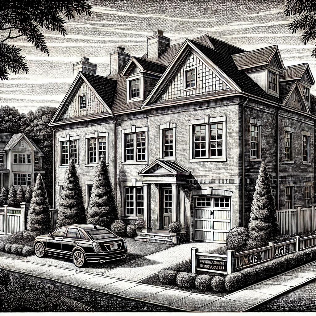 Black and white stipple illustration of a luxury townhouse at 127 Tunxis Village UNIT 127, Farmington, CT, with a brick facade, attached garage, private patio, and surrounding trees.