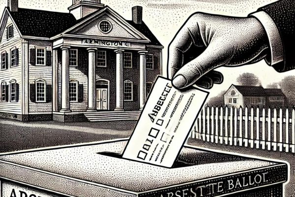 A black and white stipple-style illustration of an absentee ballot being inserted into a vintage-style ballot box with subtle architectural elements in the background, evoking a small-town setting like Farmington, CT.