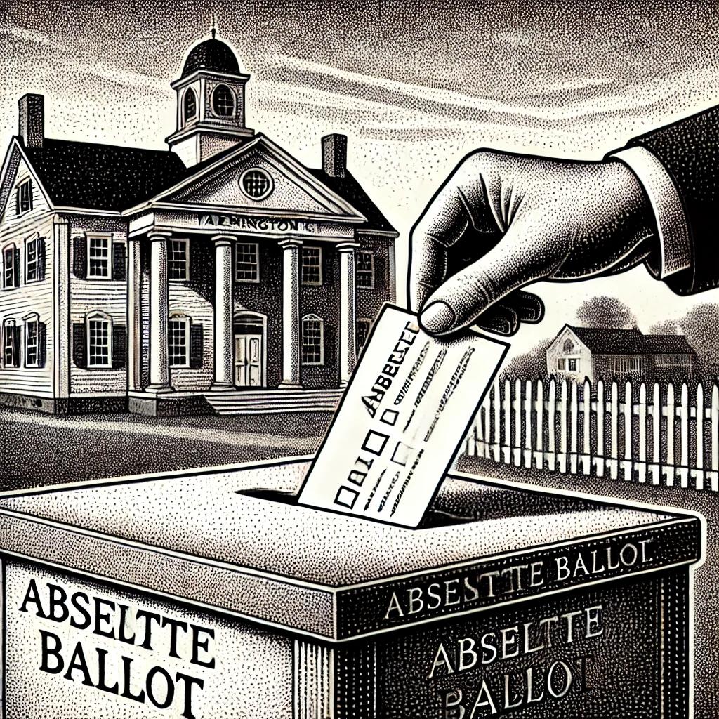 A black and white stipple-style illustration of an absentee ballot being inserted into a vintage-style ballot box with subtle architectural elements in the background, evoking a small-town setting like Farmington, CT.