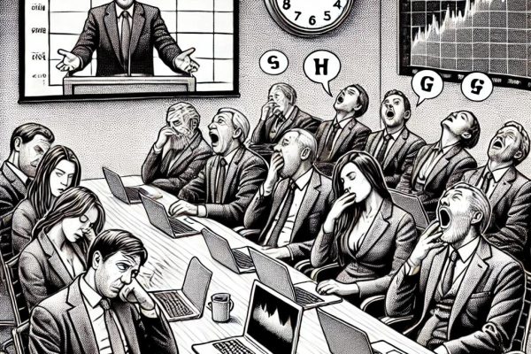 Black and white stipple illustration of a virtual meeting, showing several individuals in business attire sitting at a table with laptops, some yawning and others slouched in their chairs, conveying boredom.