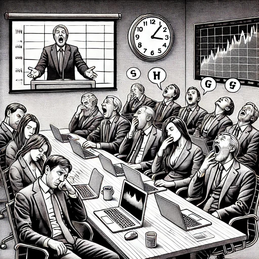 Black and white stipple illustration of a virtual meeting, showing several individuals in business attire sitting at a table with laptops, some yawning and others slouched in their chairs, conveying boredom.