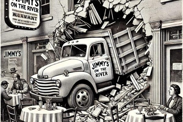 Black and white stipple illustration of a restaurant with a large hole in its front wall caused by a flatbed truck that crashed into it. The scene captures the chaos inside and distressed onlookers outside.