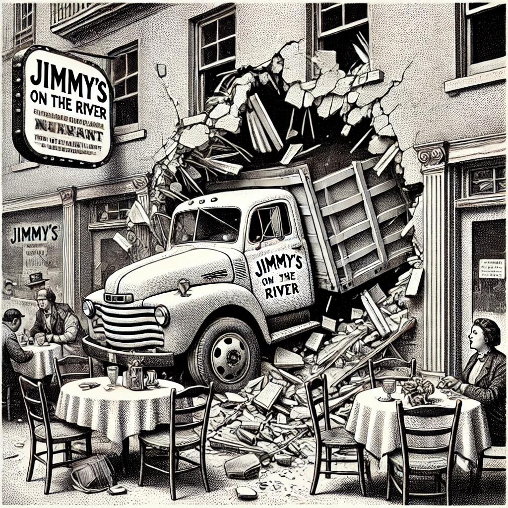 Black and white stipple illustration of a restaurant with a large hole in its front wall caused by a flatbed truck that crashed into it. The scene captures the chaos inside and distressed onlookers outside.