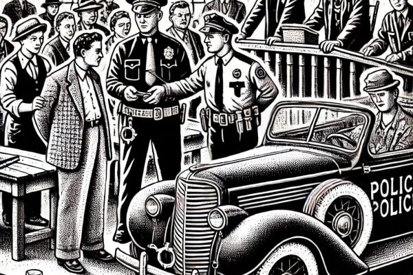 Black and white stipple illustration in the style of the Wall Street Journal depicting a humorous scene with police officers and residents in a small town setting, related to local arrests.