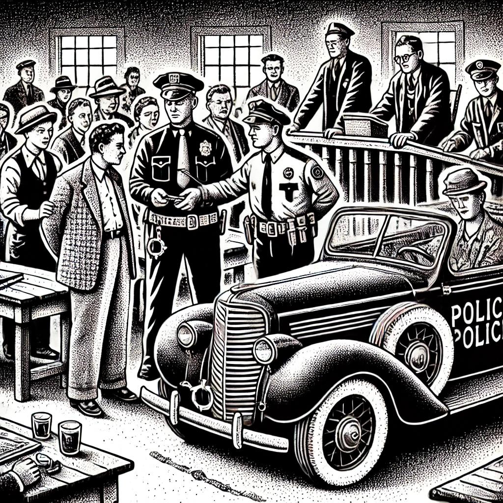 Black and white stipple illustration in the style of the Wall Street Journal depicting a humorous scene with police officers and residents in a small town setting, related to local arrests.