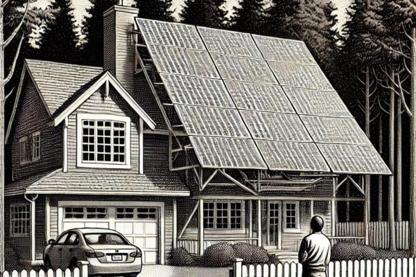 A black and white stipple illustration of a suburban home with a large solar panel array installed in the front yard. A concerned neighbor peers over a fence, while tall trees surround the property, reflecting tension between modern technology and traditional suburban aesthetics.
