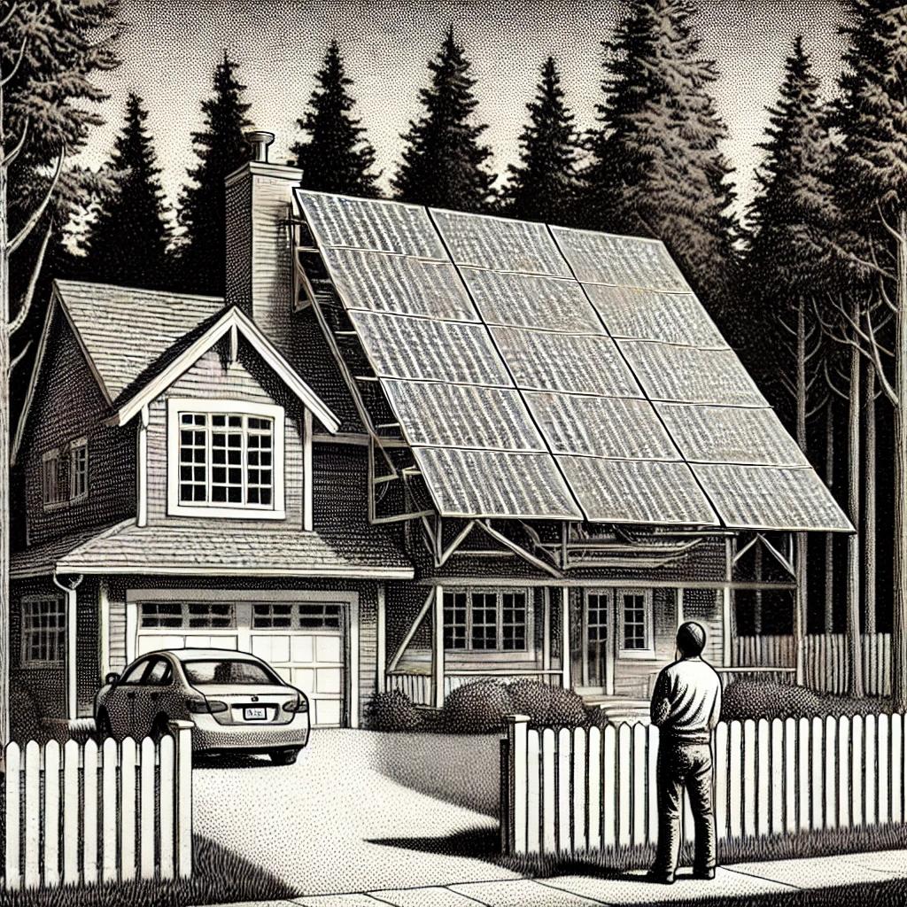 A black and white stipple illustration of a suburban home with a large solar panel array installed in the front yard. A concerned neighbor peers over a fence, while tall trees surround the property, reflecting tension between modern technology and traditional suburban aesthetics.