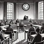 A black and white stipple illustration of a nearly empty town hall meeting chamber with a few people seated far apart, appearing disinterested, and a clock on the wall showing late evening.