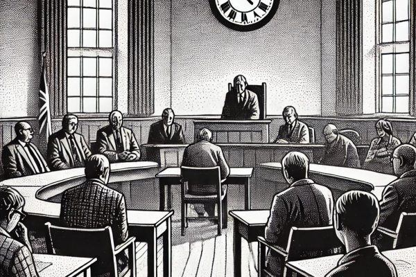 A black and white stipple illustration of a nearly empty town hall meeting chamber with a few people seated far apart, appearing disinterested, and a clock on the wall showing late evening.