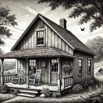 A black and white stipple drawing of a cozy cottage with a pitched roof and porch, set in a natural setting. Two rocking chairs sit on the porch, surrounded by trees and natural vegetation.