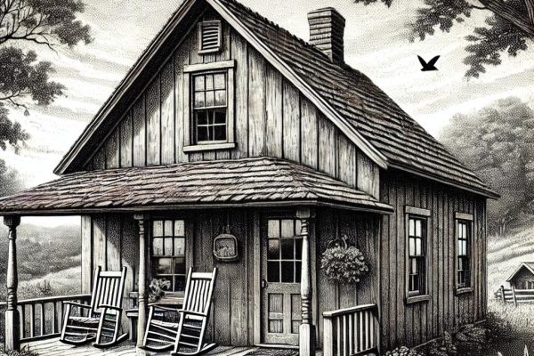 A black and white stipple drawing of a cozy cottage with a pitched roof and porch, set in a natural setting. Two rocking chairs sit on the porch, surrounded by trees and natural vegetation.