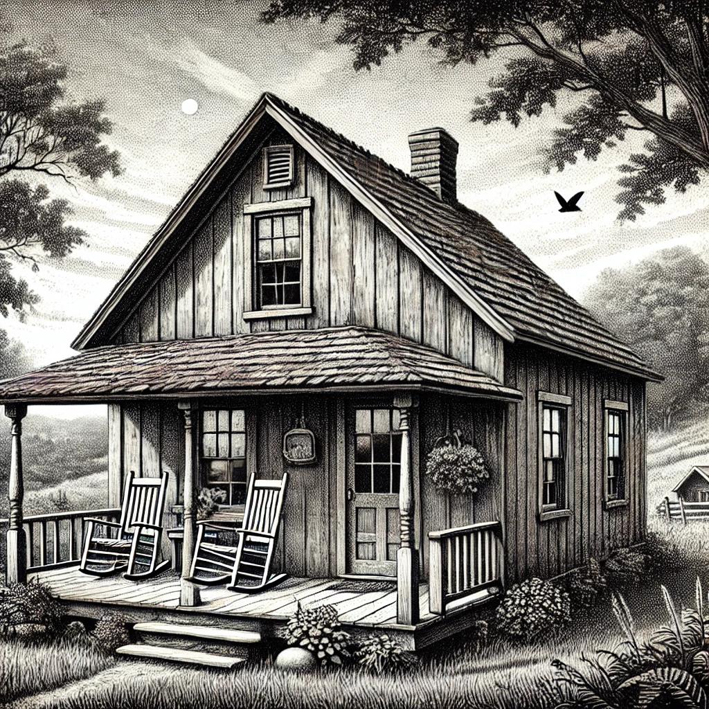 A black and white stipple drawing of a cozy cottage with a pitched roof and porch, set in a natural setting. Two rocking chairs sit on the porch, surrounded by trees and natural vegetation.