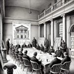 A black-and-white stipple illustration of a formal historic preservation commission meeting in a town hall. Figures sit at a long table, reviewing plans, with a decorative bollard and vintage door nearby.