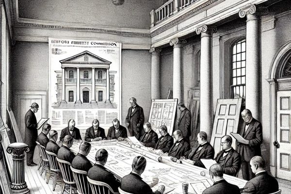 A black-and-white stipple illustration of a formal historic preservation commission meeting in a town hall. Figures sit at a long table, reviewing plans, with a decorative bollard and vintage door nearby.