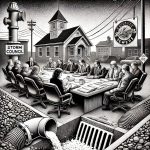 Black and white stipple illustration of a town council meeting, with serious expressions on participants as infrastructure elements like pipes, sewers, and broken pump stations surround them, symbolizing local issues.