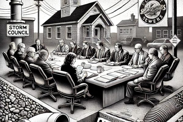 Black and white stipple illustration of a town council meeting, with serious expressions on participants as infrastructure elements like pipes, sewers, and broken pump stations surround them, symbolizing local issues.