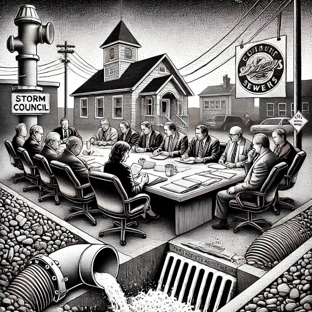 Black and white stipple illustration of a town council meeting, with serious expressions on participants as infrastructure elements like pipes, sewers, and broken pump stations surround them, symbolizing local issues.