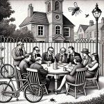 Black and white stipple art of a casual town hall meeting, featuring people sitting around a table discussing plans, a bicycle leaning against the wall, a fence in the background, a water fountain nearby, and a mosquito flying around.