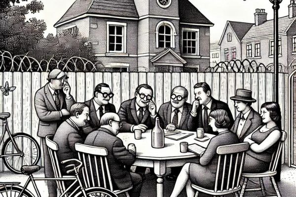 Black and white stipple art of a casual town hall meeting, featuring people sitting around a table discussing plans, a bicycle leaning against the wall, a fence in the background, a water fountain nearby, and a mosquito flying around.