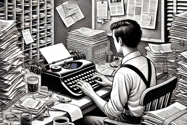 Stipple illustration of a classic newsroom with an overwhelmed journalist at a cluttered desk, featuring a typewriter, coffee cup, and stacks of papers, combining retro and modern elements.