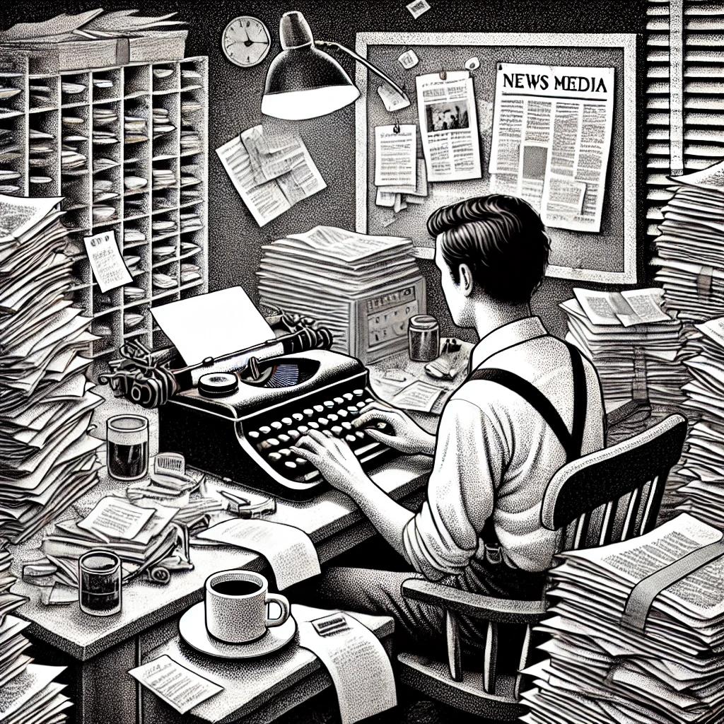 Stipple illustration of a classic newsroom with an overwhelmed journalist at a cluttered desk, featuring a typewriter, coffee cup, and stacks of papers, combining retro and modern elements.