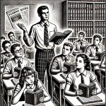 A black and white stipple-style illustration of a classroom. The teacher stands at the front holding a large book, while students sit at desks holding small summaries. The teacher appears frustrated, and the students look confused or disengaged. In the background, a bookshelf filled with neglected full-length books emphasizes the disconnect between the lesson and deeper reading.