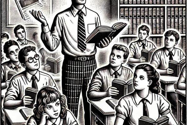 A black and white stipple-style illustration of a classroom. The teacher stands at the front holding a large book, while students sit at desks holding small summaries. The teacher appears frustrated, and the students look confused or disengaged. In the background, a bookshelf filled with neglected full-length books emphasizes the disconnect between the lesson and deeper reading.