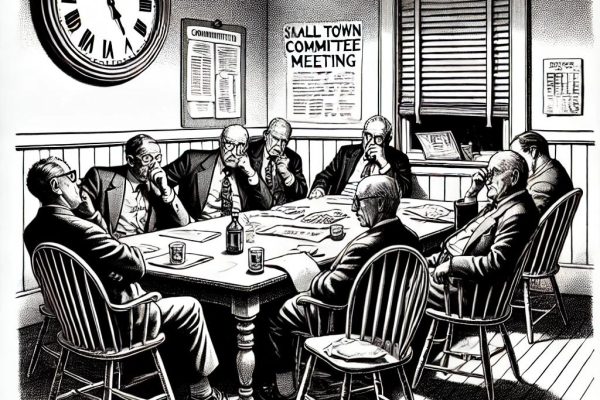 Black and white stipple illustration of a small town committee meeting with members looking bored and checking their watches, symbolizing a short and uneventful session.