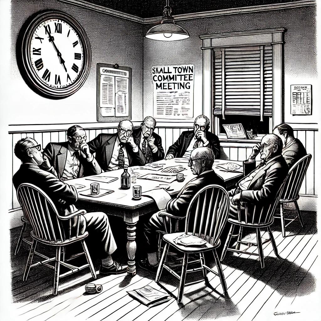 Black and white stipple illustration of a small town committee meeting with members looking bored and checking their watches, symbolizing a short and uneventful session.