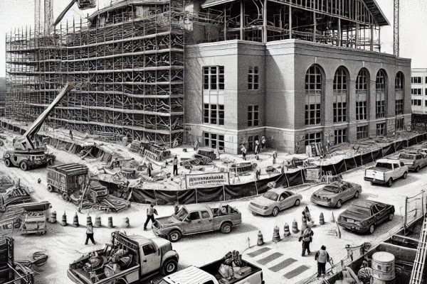 A stipple-style black and white illustration of a nearly completed high school under construction in Farmington, CT, with scaffolding, construction equipment, and workers focusing on finishing touches. The auditorium is still in progress.