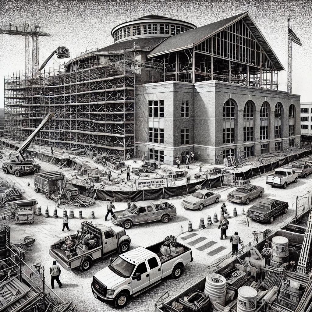 A stipple-style black and white illustration of a nearly completed high school under construction in Farmington, CT, with scaffolding, construction equipment, and workers focusing on finishing touches. The auditorium is still in progress.