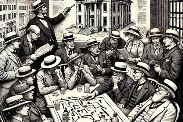 A black and white stipple-style illustration of a town meeting. Several people are gathered around a table, discussing a walking tour. One person holds a map, while another has sunscreen on the table. A large architectural drawing is in the background. The scene is comical, with exaggerated, humorous expressions.