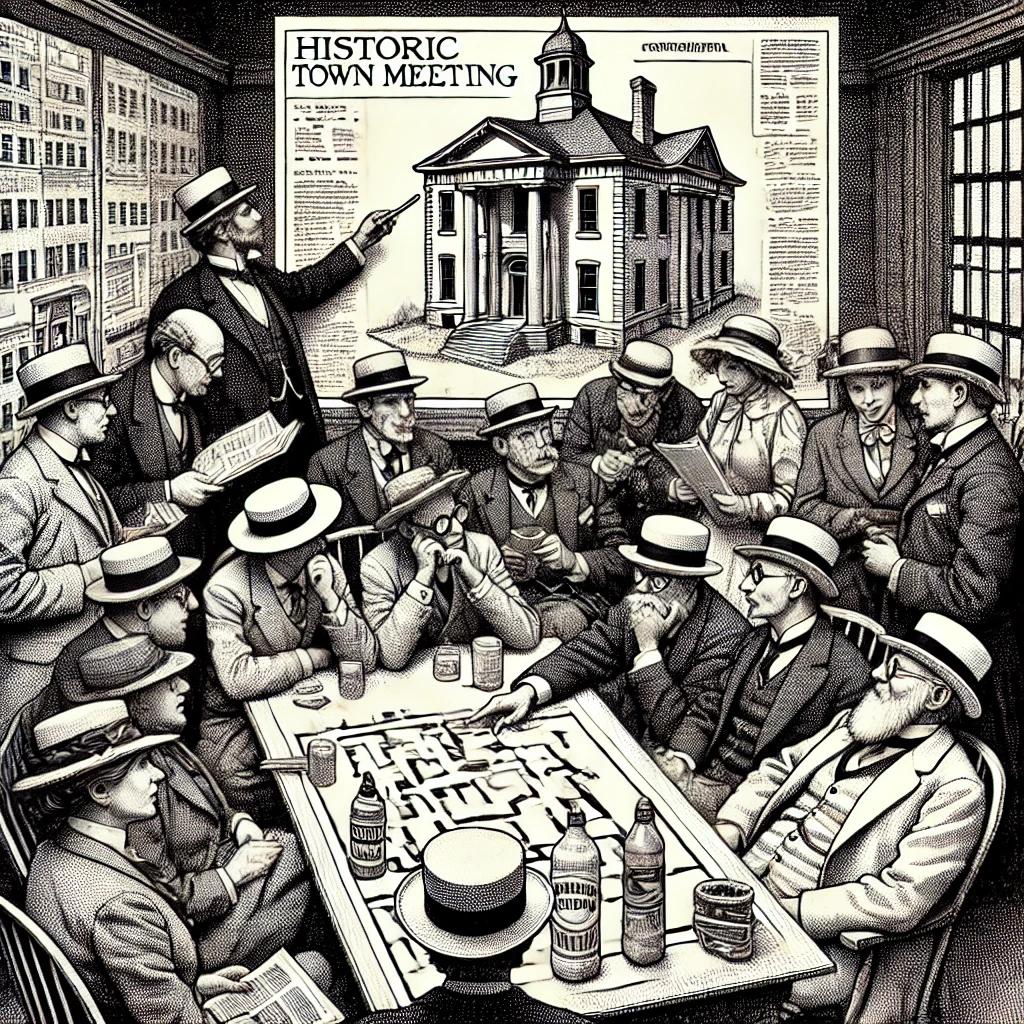 A black and white stipple-style illustration of a town meeting. Several people are gathered around a table, discussing a walking tour. One person holds a map, while another has sunscreen on the table. A large architectural drawing is in the background. The scene is comical, with exaggerated, humorous expressions.