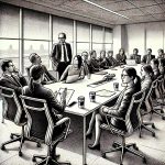 A black and white stipple illustration of a group of people in a meeting room, with one person standing and gesturing while others sit with papers or laptops. The setting is modern, featuring a large window.