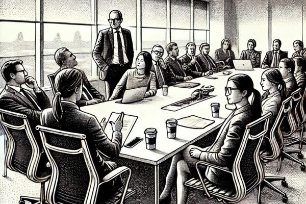 A black and white stipple illustration of a group of people in a meeting room, with one person standing and gesturing while others sit with papers or laptops. The setting is modern, featuring a large window.