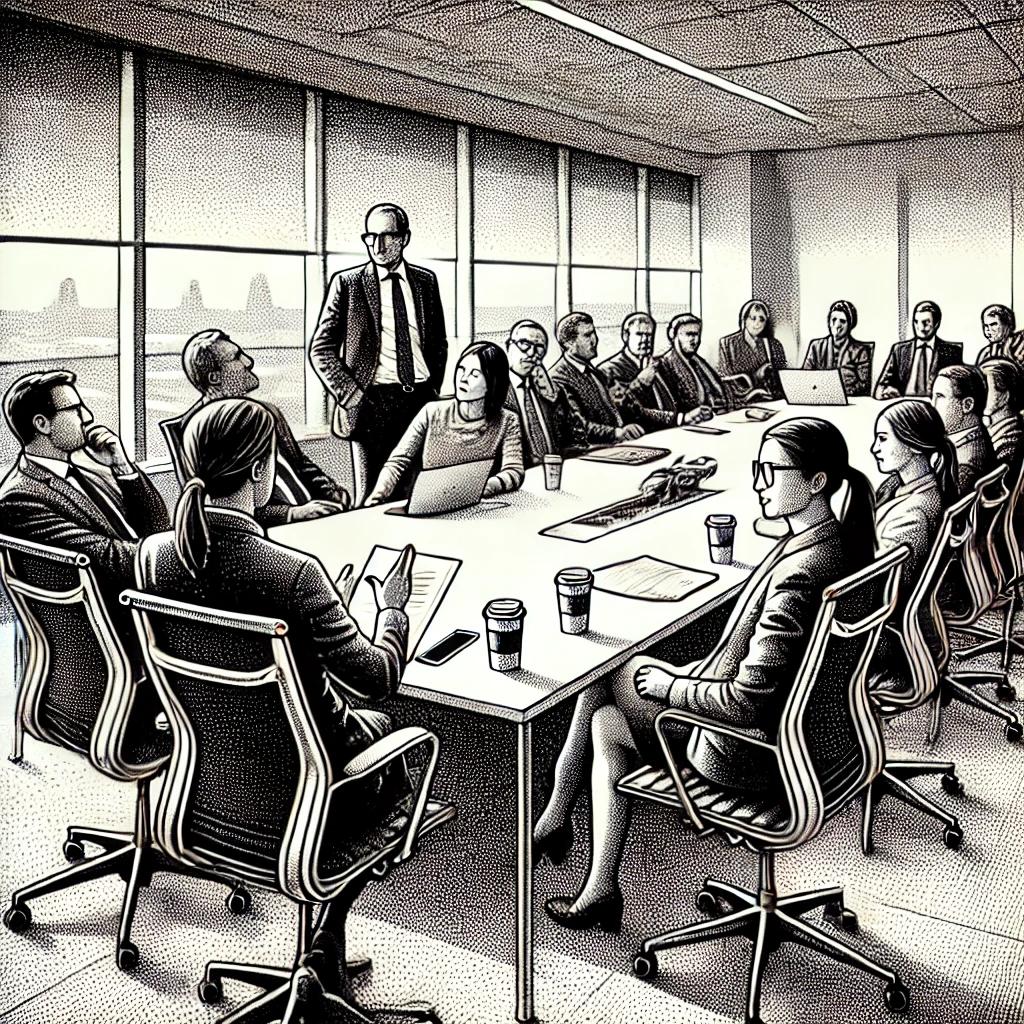 A black and white stipple illustration of a group of people in a meeting room, with one person standing and gesturing while others sit with papers or laptops. The setting is modern, featuring a large window.