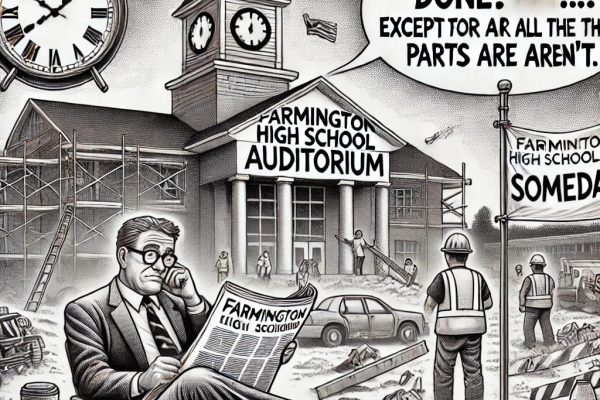 A humorous black-and-white stipple illustration of a chaotic construction site for a half-finished high school auditorium. Workers are lounging around lazily, while a frustrated town council member holds blueprints with a speech bubble saying, "It’s almost done… except for all the parts that aren’t." In the background, a clock tower looms, with its hands showing that it's late. A banner reading "Farmington High School Opening" is humorously crossed out with "Someday" written underneath, surrounded by scattered tools and materials.