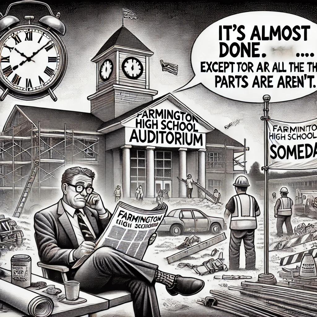 A humorous black-and-white stipple illustration of a chaotic construction site for a half-finished high school auditorium. Workers are lounging around lazily, while a frustrated town council member holds blueprints with a speech bubble saying, "It’s almost done… except for all the parts that aren’t." In the background, a clock tower looms, with its hands showing that it's late. A banner reading "Farmington High School Opening" is humorously crossed out with "Someday" written underneath, surrounded by scattered tools and materials.