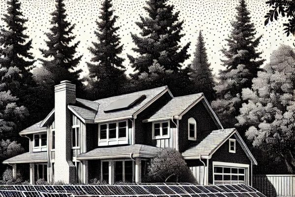 A black and white stipple illustration of a suburban house with a large solar panel array in the front yard. The house is surrounded by tall trees, contrasting the clean solar panels with the natural environment.