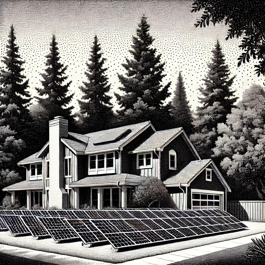 A black and white stipple illustration of a suburban house with a large solar panel array in the front yard. The house is surrounded by tall trees, contrasting the clean solar panels with the natural environment.