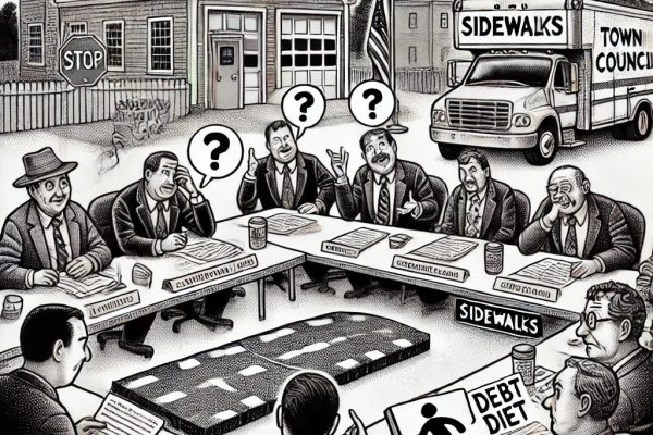 Stipple-style illustration of a town council meeting in a New England town, with council members discussing sidewalks represented as a puzzle, and a 'debt diet' sign visible in the background